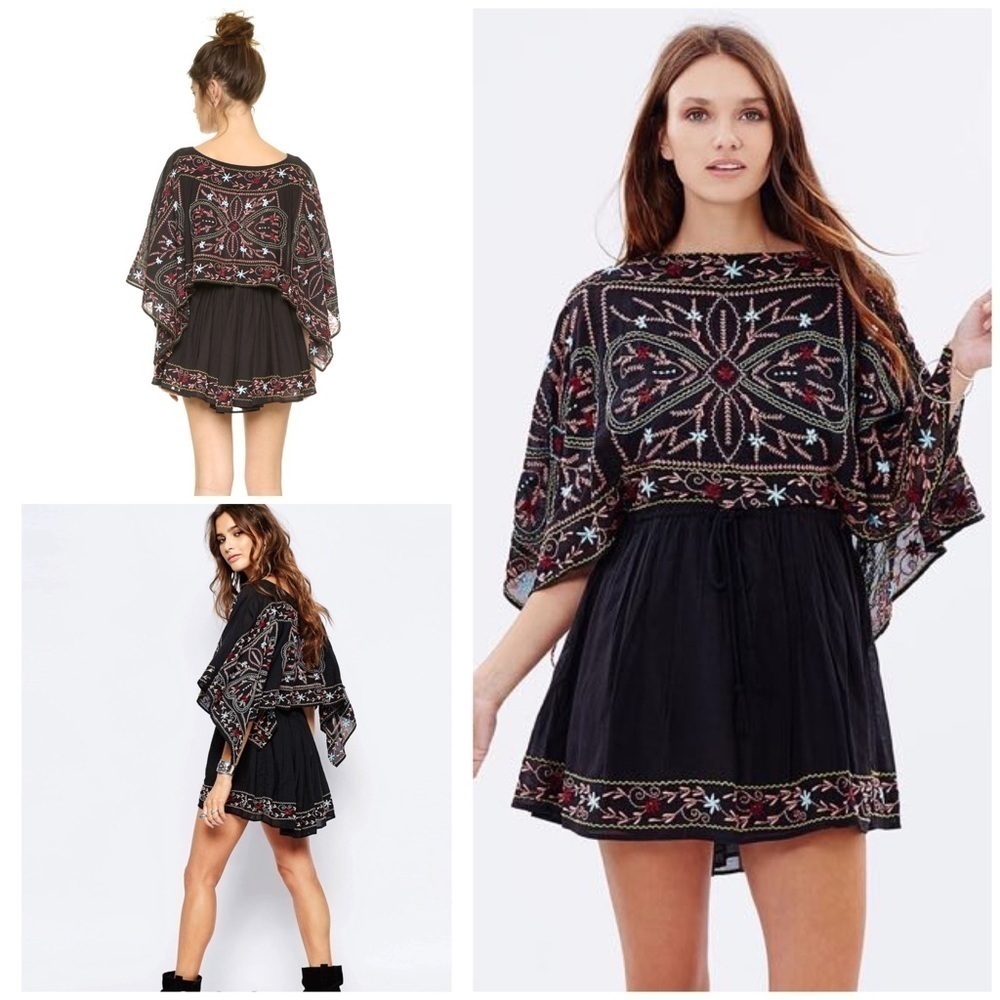 Free People Floral Batiste Frida Embroidered Kimono Sleeves Mini Boho Dress M‌‌‌